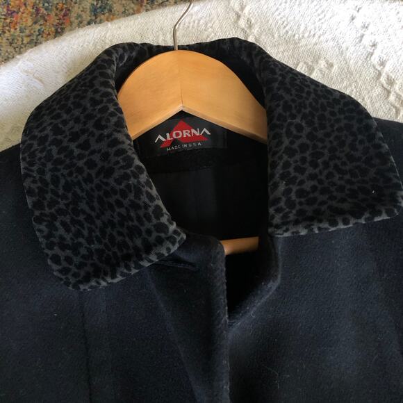 VTG 80s Alorna Forstmann Black Wool Peacoat Medium Cheetah Print Trim Mob Wife - Picture 5 of 12